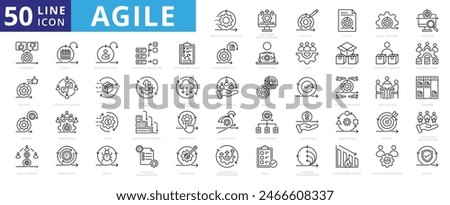 Agile icon set with software development, design, plan, agile process, testing, feedback, release, daily, burndown chart and scrum.