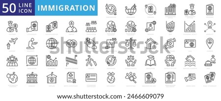 Immigration icon set with immigrant, foreign, office, passport, customs, airport, people, citizenship and destination country.