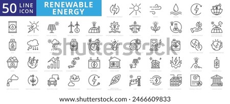 Renewable energy icon set with sunlight, wind, water, fossil fuel, oil, gas, coal, air pollution, solar and panel.