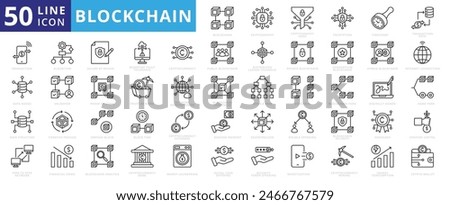 Blockchain icon set with cryptography, hash, encryption, timestamp, data, transaction, nodes and structure.