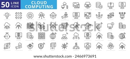 Cloud computing icon set with web, hosting, computer, operating system, database, storage, power, server, and data center.