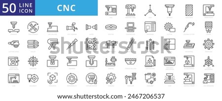 Computer numerical control icon set with machine tool, axis, spindle, path, workpiece, feed rate and cutting speed.