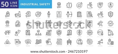 Industrial safety icon set with hazard, risk, management, accident, prevention, protection, equipment, workplace, incident report, training and emergency.