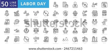 Labor day icon set with work, employee, union, celebration, holiday, solidarity, right, employment, protest and strike.