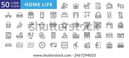 Home life icon set with bedroom, kitchen, living room, bathroom, dining table, chair, wardrobe, sofa, led tv and stove.