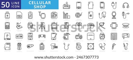 Cellular shop icon set with smartphones, phone cases, screen protectors, chargers, headphones and speakers.