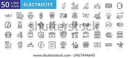 Electricity icon set with electromagnetic radiation, charger flow, lightning strike, static, induction, electric current and electromagnetic radiation.