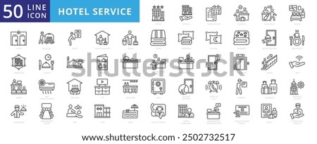 Hotel service icon set with reservation, check in, check out, room, suite, amenities, lobby, concierge, valet and bellhop.