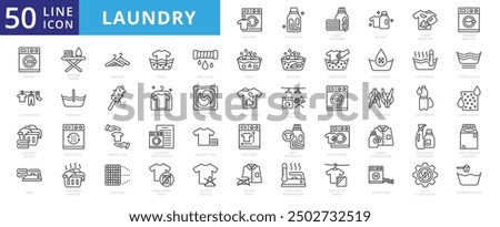 Laundry icon set with detergent, fabric softener, bleach, stain remover, washing machine, dryer and clothesline.