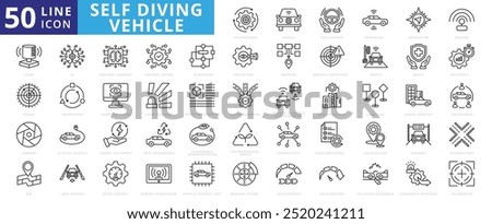 Self-driving vehicle icon set with vehicle, autonomous, driverless, navigation, sensors, lidar, radar, cameras, ai, machine and gps.