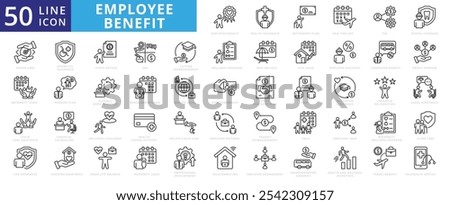 Employee benefit icon set with health insurance, retirement plan, paid time off, fsa, dental coverage, vision care, eap, health saving account, and flexible work