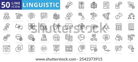 Linguistic icon set with language, phonetic, phonology, morphology, syntax, semantic, pragmatic, cognitive, grammar, neural linguistic, computational, historical, parsing, and descriptive