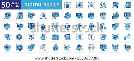 Digital skills icon set with rights, learning, technology, marketing, artificial intelligence, cloud computing, creativity, cyber security, tools, media, culture, knowledge, and programming