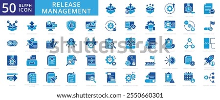 Release management icon set with architecture, flag, environment, branch, automation, pipeline, history, script, quality assurance, forward, assessment, version, update, stakeholder, and patch