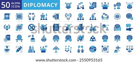 Diplomacy icon set with city, network, leader, economic, speech, peace, international relations, migration, world war, preventive, nuclear, protection, method, global economy, arbitration, appeasement