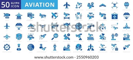 Aviation icon set of communication, accident, operation, education, airplane, industry, safety, military, maintenance, gps, aircraft, helicopter, jet, radar, aerial photography, transport, ambulance