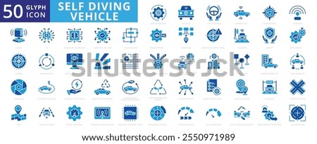 Self-driving vehicle icon set of safety, vehicle, gps, navigation, ai, radar, infrastructure, algorithm, perception, efficiency, machine learning, electric vehicle, energy efficiency, acceleration