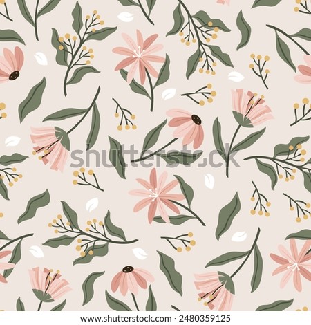 cream vector stock small flowers with green leaves pattern on off white background