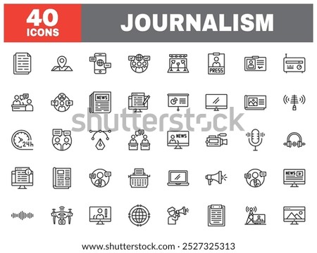 Set of 40 line icons journalism. Outline icon collection. Editable stroke. Vector illustration.