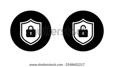 Lock and unlock shield icon on black circle. Secure guard sign symbol