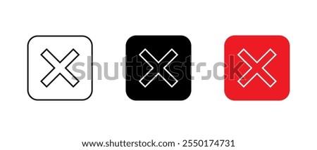 Cross mark outline icon on square background. X, exit sign symbol