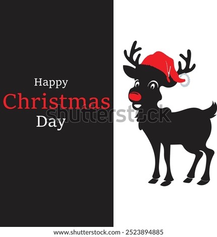 This image features a playful reindeer with a red nose and a Santa hat on the right. On the left, bold text reads 