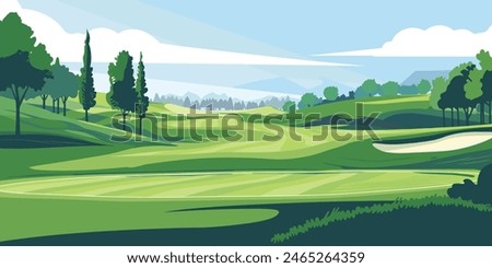 Scenic Countryside Golf Course with Flags, Lush Greens, and Sand Bunkers. Cartoon Vector Illustration. Hand drawn