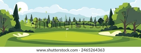 Scenic Countryside Golf Course with Flags, Lush Greens, and Sand Bunkers. Cartoon Vector Illustration. Hand drawn