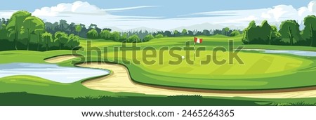 Scenic Countryside Golf Course with Flags, Lush Greens, and Sand Bunkers. Cartoon Vector Illustration. Hand drawn