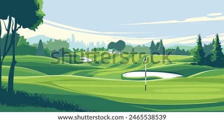 Scenic Countryside Golf Course with Flags, Lush Greens, and Sand Bunkers. Cartoon Vector Illustration. Hand drawn