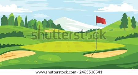 Scenic Countryside Golf Course with Flags, Lush Greens, and Sand Bunkers. Cartoon Vector Illustration. Hand drawn