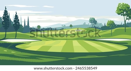 Scenic Countryside Golf Course with Flags, Lush Greens, and Sand Bunkers. Cartoon Vector Illustration. Hand drawn