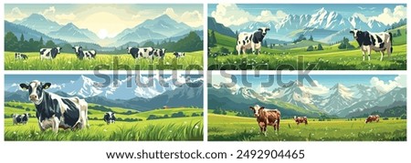 Vector Illustration of a Beautiful Farm Landscape with Cows and Mountains, Farm in the Background. The Grassy Field Shines Green