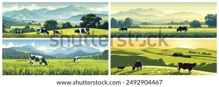 Vector Illustration of a Beautiful Farm Landscape with Cows and Mountains, Farm in the Background. The Grassy Field Shines Green