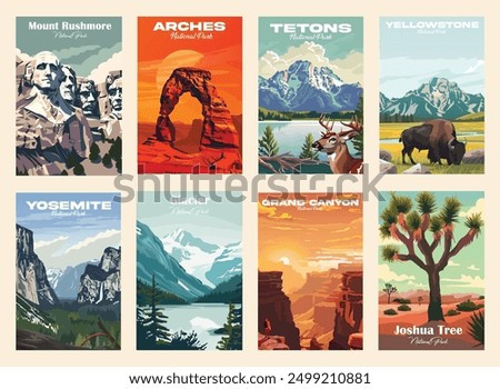 Vector illustration. Vintage National Park Posters, National Park Art Prints Nature Wall Art and Mountain Print Set Abstract Travel for Hikers Campers Living Room Decor.