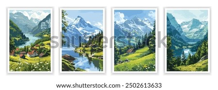 Switzerland Landscape Drawing. Vector illustration of the Swiss Alps, picturesque villages, and stunning natural scenery. Editable artwork for travel posters, covers, or Switzerland-themed designs.