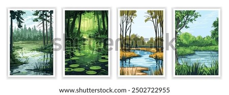 Swamp Landscape Drawing. Vector illustration of wetlands, marshes, and boggy scenery. Editable artwork for nature-themed designs, posters, or environmental covers.