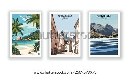 Scafell Pike, England, Schladming, Austria, Seychelles, Indian Ocean - Vintage travel poster. Vector illustration