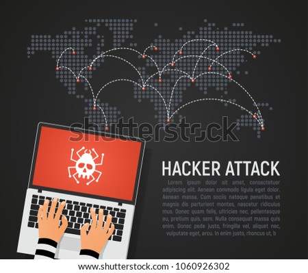 Global hacker attack world map vector illustration. World internet security in danger dark background in flat design. Hybrid network world wide war concept 