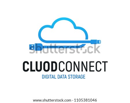 Cloud data storage isolated blue vector logo. Wire usb cable on white background