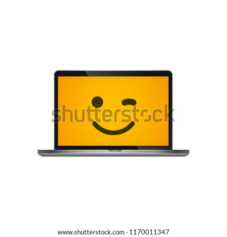 Yellow emoji smiling on laptop screen vector illustration. World smiling day 6th october. Isolated notebook on white background