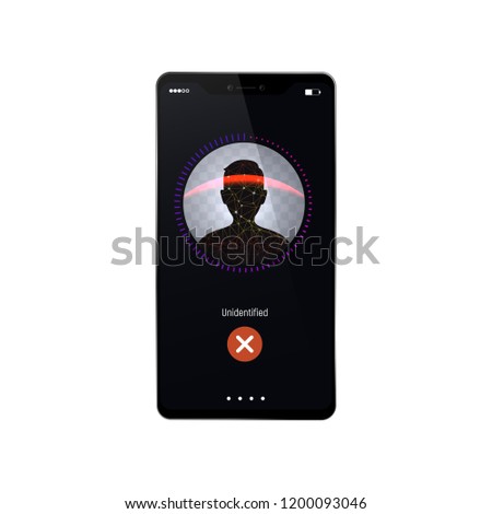 Face recognition process failed vector illustration. Glitch in the system identify the user Isolated mobile phone on white background