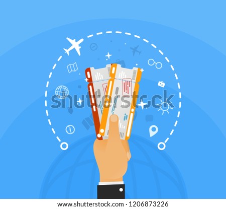 Win two plane tickets on vacation. Hand holding two airline tickets with infographic around and globe on blue background . Booking office for the sale of ticket vector illustration. 