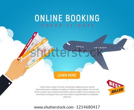 Cheap flight travel vector banner best seller . Online booking airline tickets background concept. Win two airline tickets to vacation. Air travel and Business trip concept.
