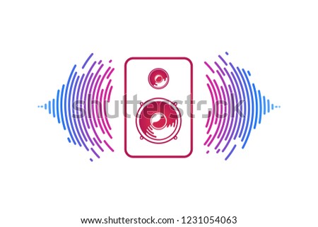 Red music speaker and loudsound waves isolated logo vector illustration. Logotype of sound power on white background