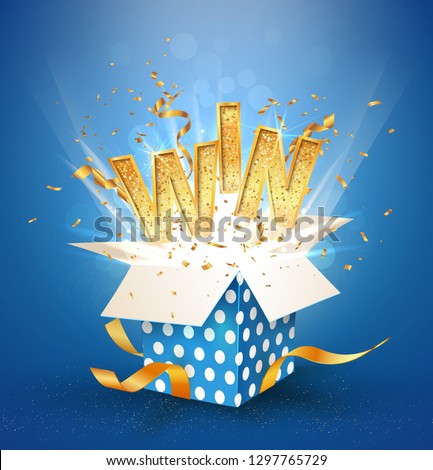 WIN gold text. Open textured blue box with confetti explosion inside and golden win word. Flying particles from giftbox vector illustration on white background