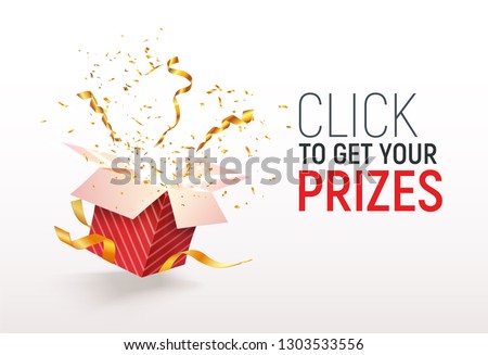 Open textured red box with confetti explosion inside. Click to get your prizes text. Flying particles from giftbox vector illustration on white background