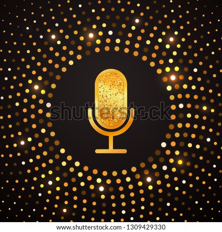 Golden microphone icon on abstract gold halftone circle background. Karaoke party shiny luxury banner.