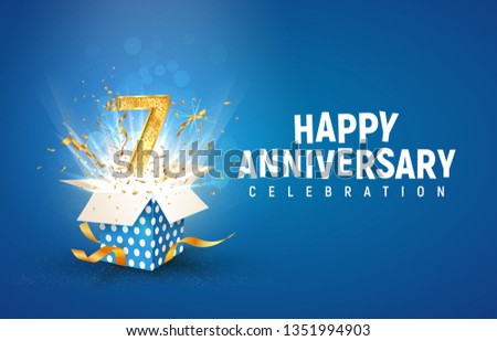 7 th years anniversary banner with open burst gift box. Template seventh birthday celebration and abstract text on blue background vector illustration