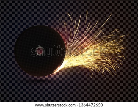 Abstract sparkles effect. Isolated abrasive disc with sparks on transparent background. Realistic cutoff wheel vector single object